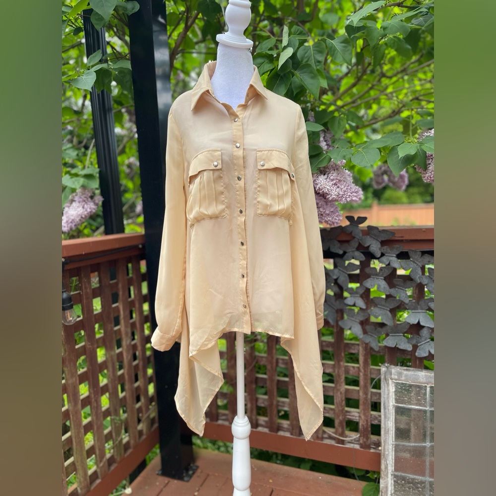 OLIVE DES OLIVE M blush nude semi sheer long sleeve snap up asymmetrical blouse